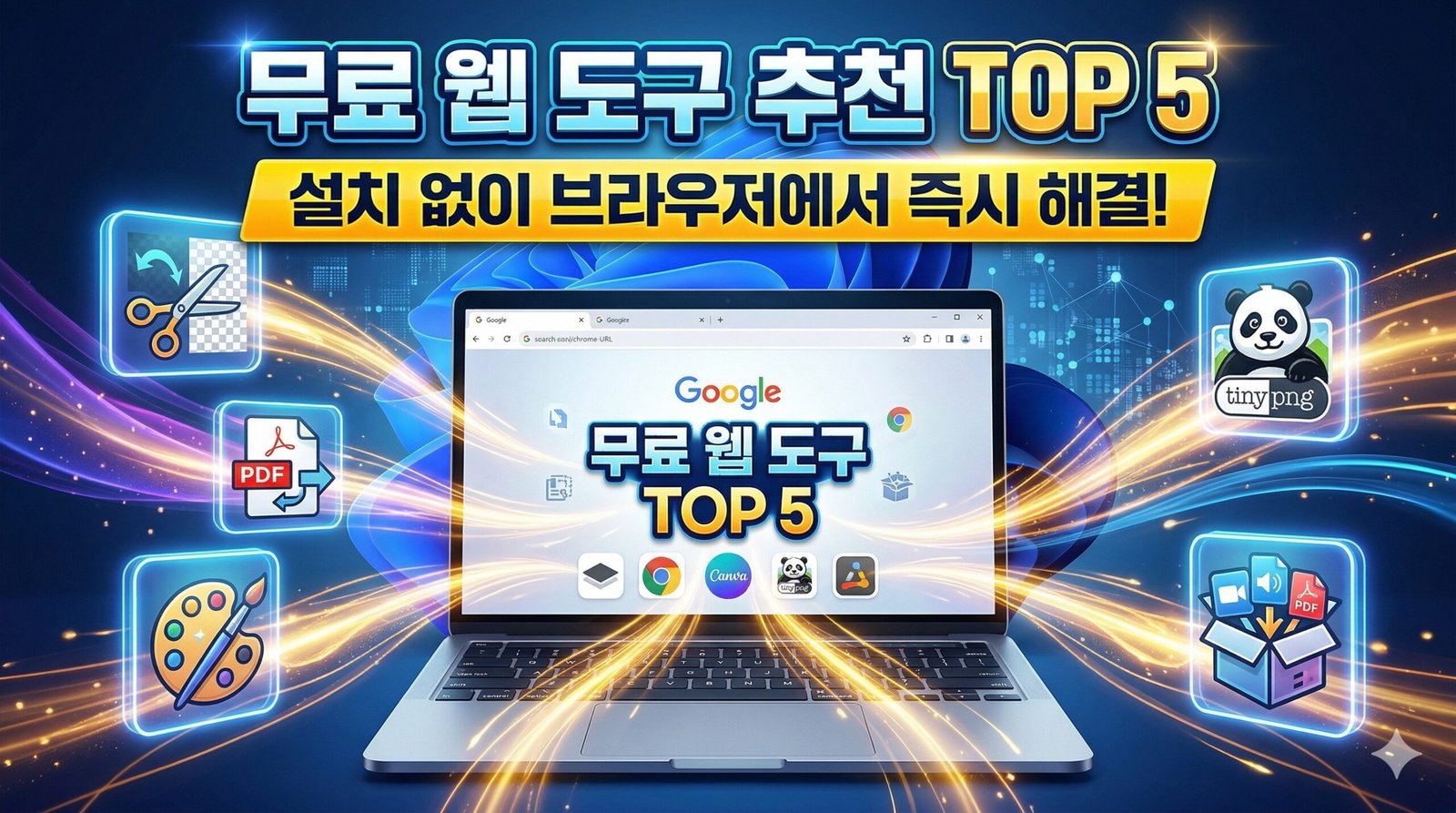 프로그램 설치 없이 브라우저에서 즉시 사용 가능한 무료 웹 도구 추천 TOP 5 가이드 썸네일 이미지. 노트북 화면 주위로 이미지 배경 제거, PDF 변환, 캔바 디자인, 이미지 압축 등 다양한 웹 서비스 아이콘들이 역동적으로 배치되어 생산성을 시각화했다.