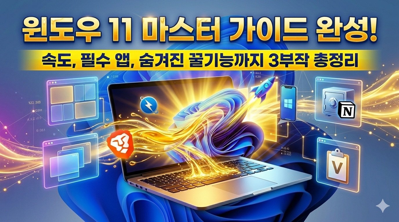 윈도우 11 숨겨진 꿀기능 5가지 최적 설정 가이드를 소개하는 썸네일 이미지. '나만 몰랐던 윈도우 11 꿀기능' 텍스트와 노트북 주변의 역동적인 숨은 기능 아이콘들로 생산성 향상을 표현했다.