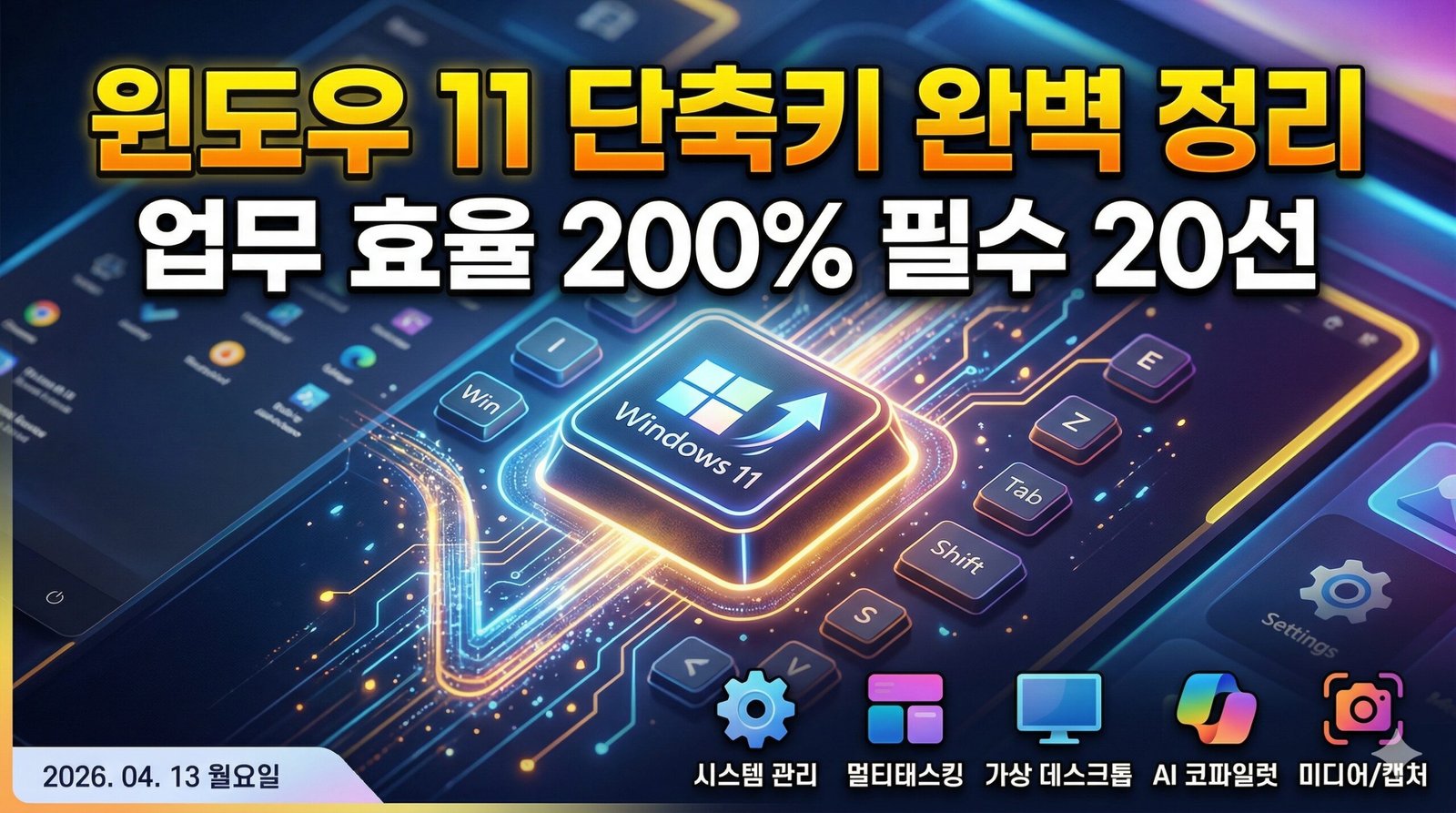 윈도우 11 단축키 완벽 정리 및 업무 효율 200% 상승을 위한 필수 20선 가이드 썸네일. 윈도우 11 로고가 새겨진 키캡과 시스템 관리, 멀티태스킹, 가상 데스크톱, AI 코파일럿, 미디어 캡처 아이콘이 포함된 미래 지향적인 디자인.
