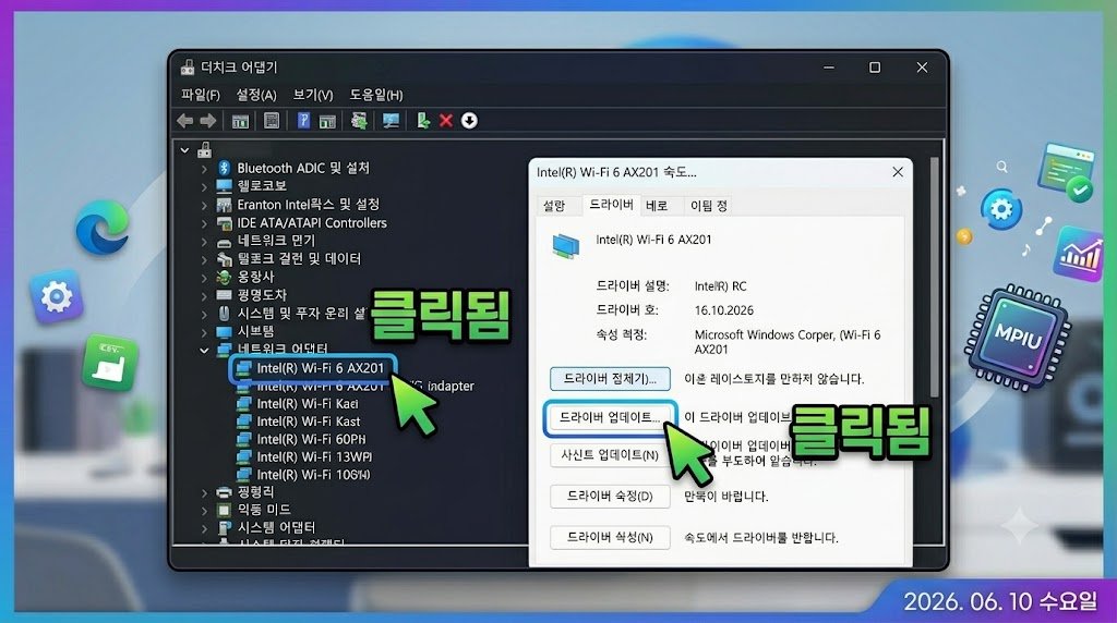 윈도우 11 장치 관리자 화면에서 네트워크 어댑터 항목의 인텔 무선 랜 카드(Intel Wi-Fi 6 AX201) 속성 창을 열고 드라이버 업데이트 버튼을 마우스로 클릭하는 실전 설정 가이드 화면