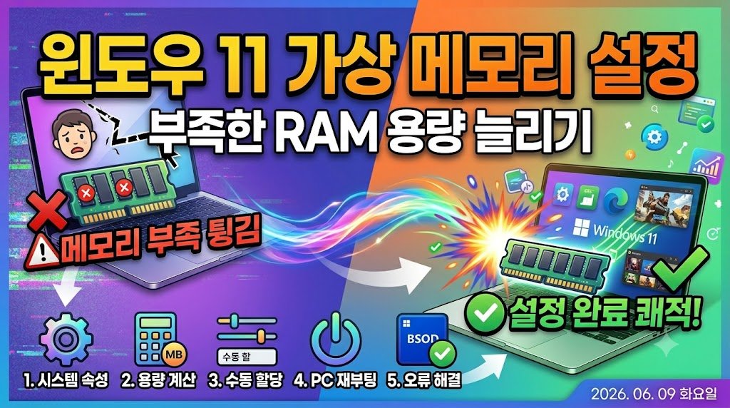 윈도우 11 가상 메모리 설정 창에서 모든 드라이브의 페이징 파일 크기 자동 관리 설정을 해제하고, 사용자 지정 크기를 선택하여 처음 크기와 최대 크기를 수동으로 입력한 뒤 설정 버튼을 클릭하는 실제 가이드 화면.