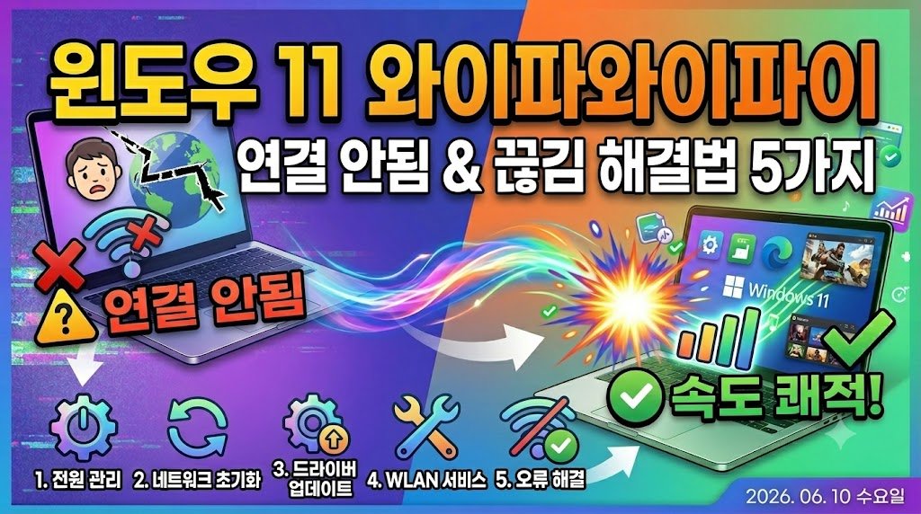 윈도우 11 와이파이 연결 안됨 및 무선 인터넷 끊김 현상을 해결하는 5가지 방법을 시각화한 블로그 썸네일 이미지. 연결 안 됨 상태의 노트북과 속도가 쾌적해진 윈도우 11 노트북이 대조를 이루며, 하단에 전원 관리 및 네트워크 초기화 등 5단계 해결법 아이콘과 2026년 6월 10일 수요일 날짜가 포함된 디자인.