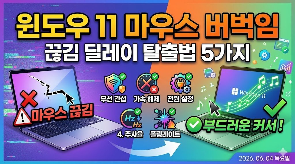 윈도우 11 마우스 버벅임 및 커서 끊김 딜레이 현상을 해결하는 5가지 방법을 대조적으로 표현한 블로그 썸네일 이미지. 왼쪽에는 커서가 끊겨 번개 모양의 균열이 생긴 노트북 화면이, 오른쪽에는 부드럽게 연결되는 사운드 웨이브와 함께 정상화된 윈도우 11 노트북 화면이 그려져 있으며 무선 간섭, 가속 해제, 전원 설정, 주사율, 폴링레이트 등 5단계 해결 아이콘과 2026년 6월 4일 목요일 날짜가 포함된 디자인.