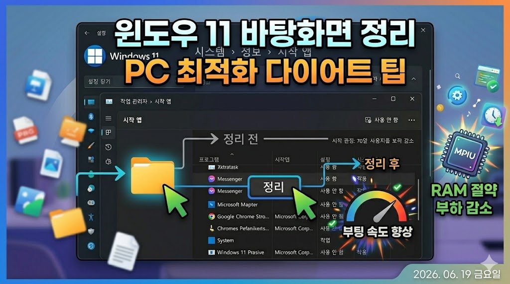 윈도우 11 바탕화면 정리 설정을 통해 지저분한 아이콘을 없애고 PC 최적화 다이어트를 완료하는 블로그 썸네일 이미지. 부팅 속도가 향상되는 모습과 윈도우 11 로고, 2026년 6월 19일 금요일 날짜가 포함된 디자인.