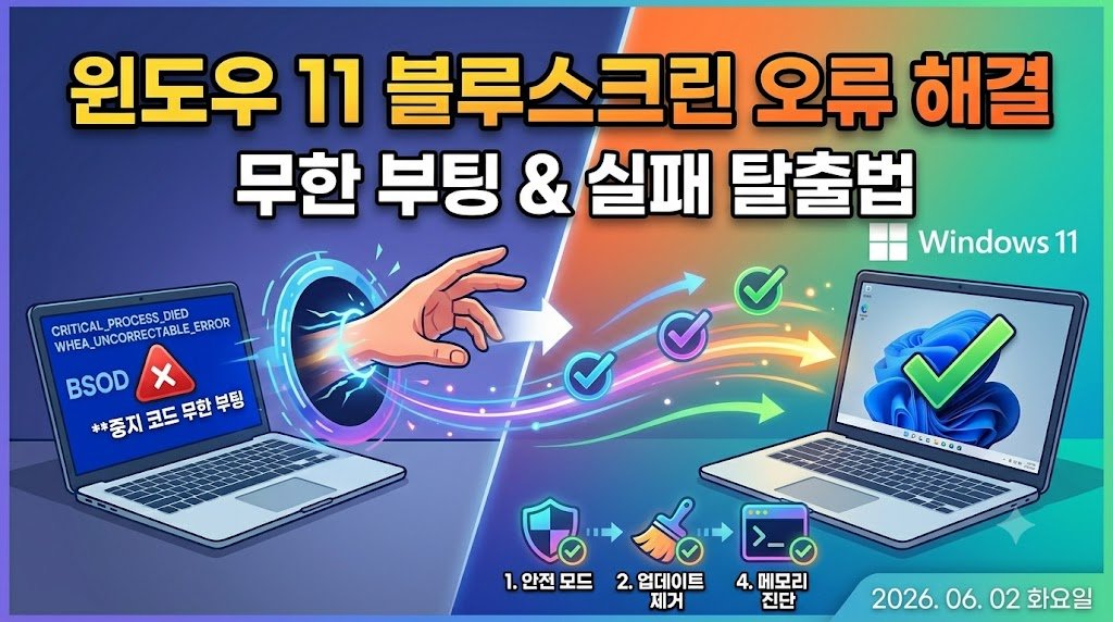 윈도우 11 블루스크린 오류 및 중지 코드 무한 부팅 실패 현상을 해결하는 단계를 시각화한 블로그 썸네일 이미지. 왼쪽에는 에러 코드가 뜬 파란색 화면의 노트북이, 오른쪽에는 안전 모드와 메모리 진단 등의 복구 과정을 거쳐 정상화된 윈도우 11 노트북 화면이 대조적으로 그려져 있으며 2026년 6월 2일 화요일 날짜가 포함된 디자인.