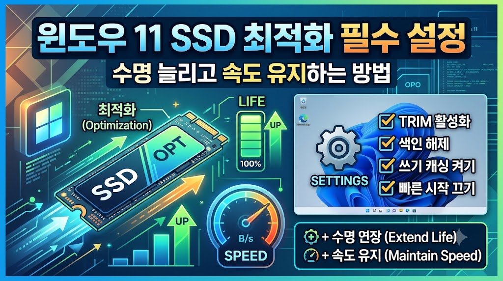 '윈도우 11 SSD 최적화 필수 설정'이라는 큰 제목과 '수명 늘리고 속도 유지하는 방법'이라는 부제목이 있는 썸네일 이미지. 중앙에는 NVMe SSD 카드 일러스트가 있고, 왼쪽의 '최적화' 텍스트와 위아래의 'LIFE' 및 'SPEED' 게이지가 성능 향상을 시각적으로 나타냅니다. 오른쪽의 Windows 11 설정 화면에는 TRIM 활성화, 색인 해제, 쓰기 캐싱 켜기, 빠른 시작 끄기 등 최적화 체크리스트가 표시되어 있습니다.
