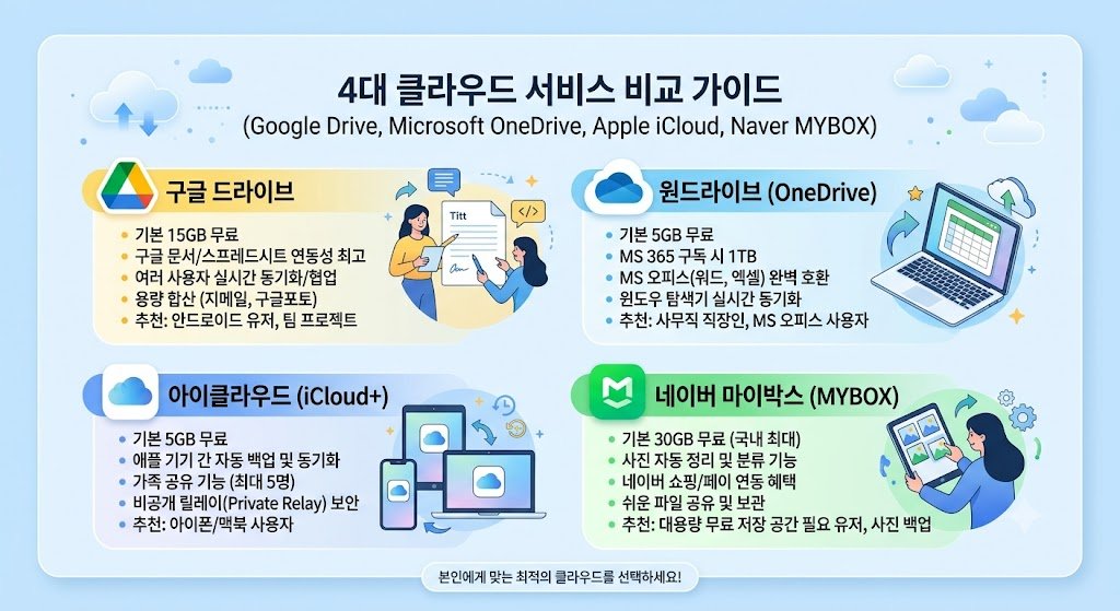 주요 4사 클라우드 서비스 비교표 및 요약 가이드. 구글 드라이브, 원드라이브, 아이클라우드, 네이버 마이박스의 무료 용량과 핵심 기능 및 추천 대상을 한눈에 보여주는 인포그래픽