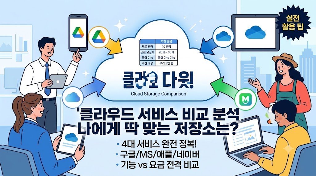 구글 드라이브, 마이크로소프트 원드라이브, 애플 아이클라우드, 네이버 마이박스 4대 클라우드 서비스의 무료 용량과 요금제를 비교 분석하는 썸네일 이미지