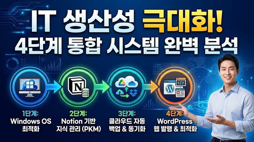 IT 생산성 극대화를 위한 4단계 통합 시스템 인포그래픽 썸네일 (1단계 윈도우 OS 최적화, 2단계 노션 지식 관리, 3단계 클라우드 백업, 4단계 워드프레스 웹 발행)
