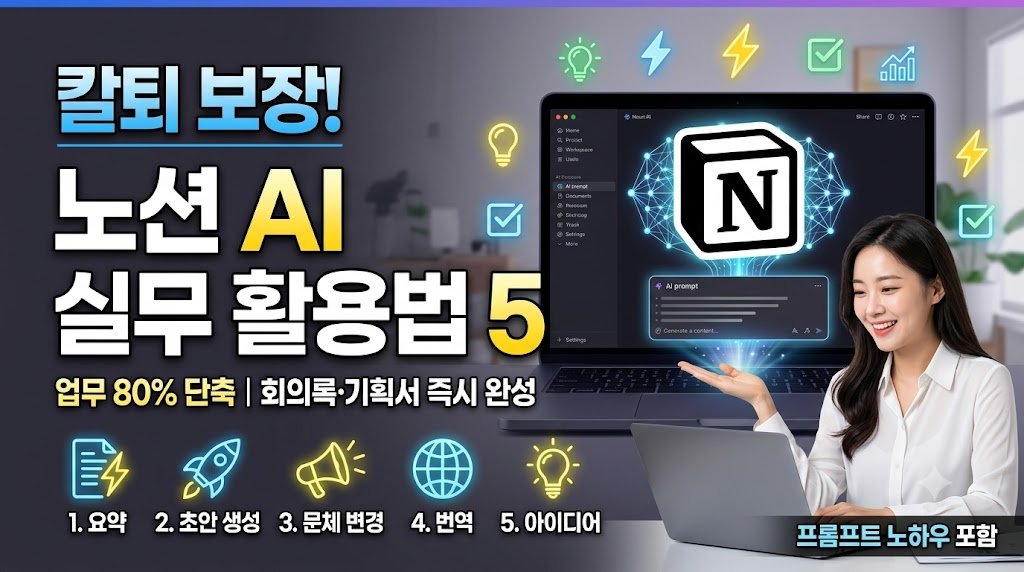 노트북 앞에서 웃고 있는 여성 직장인과 노션 AI 로고가 그려진 썸네일 이미지. "칼퇴 보장! 노션 AI 실무 활용법 5"라는 메인 타이틀과 함께 요약, 초안 생성, 문체 변경, 번역, 아이디어 등 5가지 핵심 기능 아이콘이 하단에 배치되어 있다.