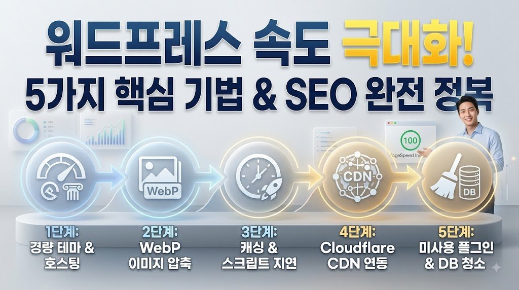 워드프레스 속도 극대화를 위한 5가지 핵심 기법 통합 파이프라인 인포그래픽 썸네일 (1단계 경량 테마, 2단계 WebP 압축, 3단계 캐싱, 4단계 Cloudflare CDN, 5단계 DB 청소). 밝고 현대적인 미니멀 3D 워크스페이스 배경에 연결된 아이콘과 텍스트로 구성.