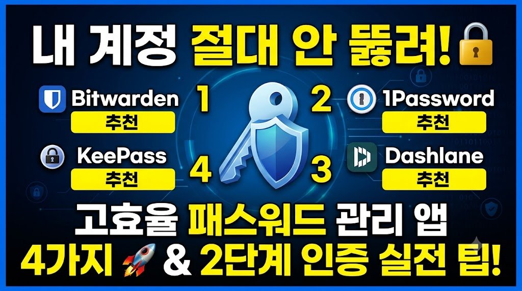 보안 테마의 파란색 배경에 '내 계정 절대 안 뚫려!'라는 문구와 자물쇠 아이콘이 상단에 배치되어 있습니다. 중앙에는 열쇠와 방패 아이콘을 중심으로 비트워든(Bitwarden), 1패스워드(1Password), 킵패스(KeePass), 대시레인(Dashlane) 등 4가지 추천 패스워드 관리 앱의 이름과 로고가 추천 순서대로 나열되어 있습니다. 하단에는 '고효율 패스워드 관리 앱 4가지 및 2단계 인증 실전 팁!'이라는 제목과 함께 로켓 아이콘이 포함되어 있어, 계정 보안을 위한 패스워드 관리 앱 활용과 2단계 인증 설정을 강조하는 블로그/유튜브 썸네일 이미지입니다.