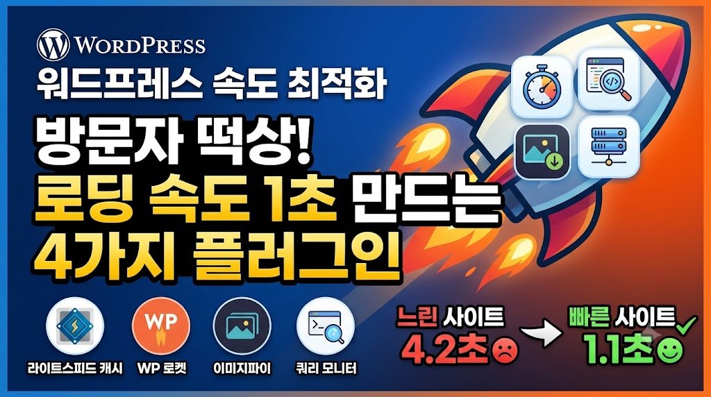 워드프레스 속도 최적화 플러그인 4가지 추천 썸네일. 빠른 속도를 상징하는 로켓 아이콘과 함께 라이트스피드 캐시, WP 로켓, 이미지파이, 쿼리 모니터 로고가 표시되어 있습니다.
