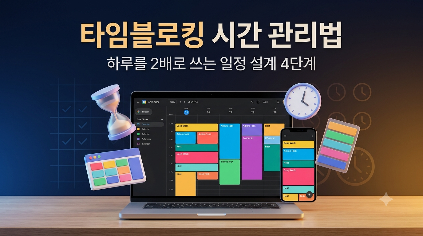 타임블로킹 시간 관리법 4단계 가이드 포스팅의 일정 블록 설계 시각화 썸네일 이미지